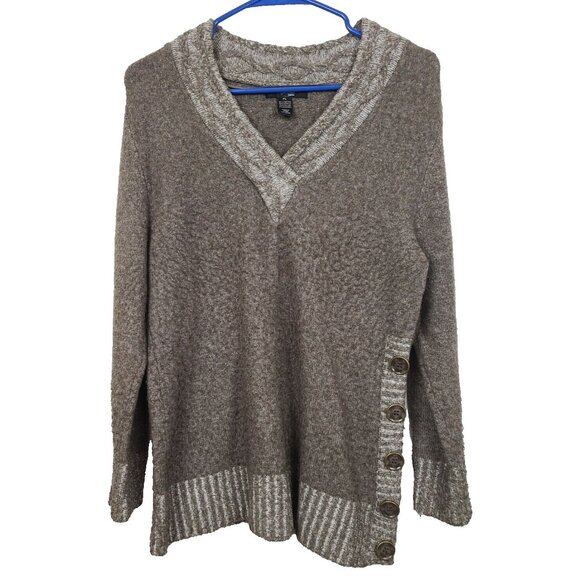 Style & Co Womens Sweater Petite Large Beige Side Button Hem V-Neck Pullover - Picture 1 of 7